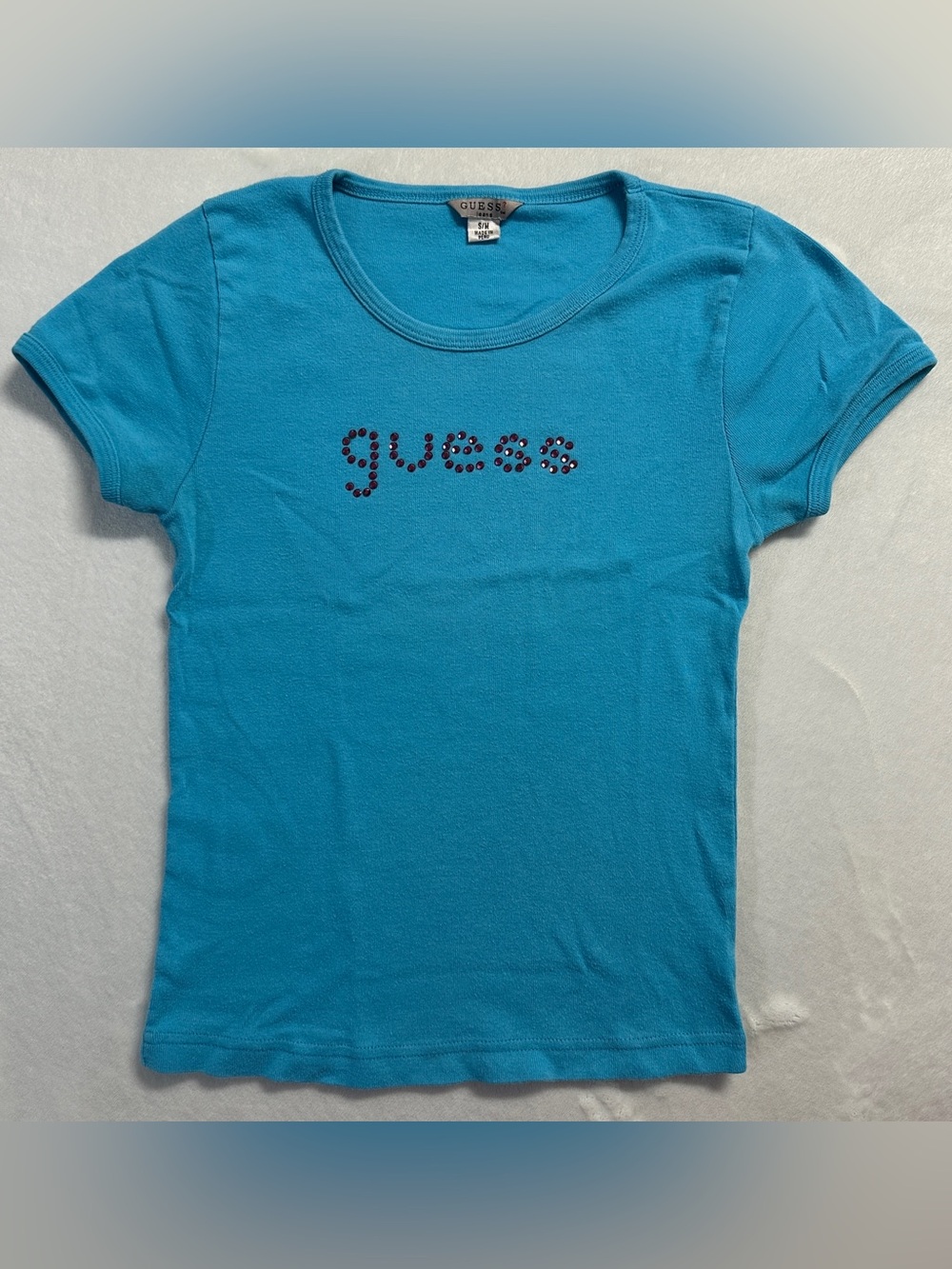 Y2K GUESS women's blue pink rhinestone baby tee, S.